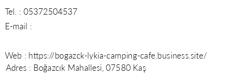 Boazck Lykia Camping & Cafe telefon numaralar, faks, e-mail, posta adresi ve iletiim bilgileri